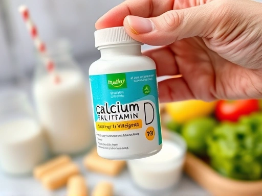 Close-up of a hand holding a supplement bottle (calcium/Vitamin D), with blurred healthy food items like milk and leafy greens in the background, focusing on daily nutrition for bone health.
