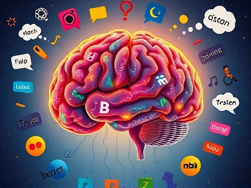 A vibrant, detailed illustration of a human brain with glowing neural pathways, surrounded by diverse language symbols and abstract thought bubbles, symbolizing enhanced cognitive function through language acquisition.