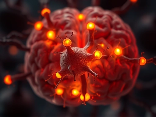 A close-up, intricate microscopic view of brain neurons, with tiny glowing particles representing compounds from walnuts interacting and protecting them, highlighting cellular level benefits.