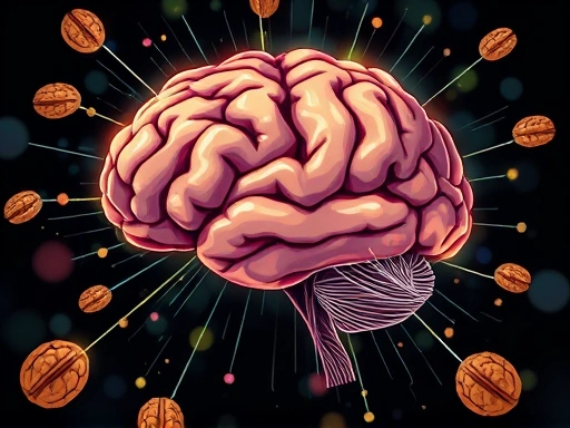 A vibrant, detailed illustration showing a human brain with light trails connecting it to walnuts, symbolizing brain health and cognitive benefits. Focus on a clear, scientific, and inviting aesthetic.