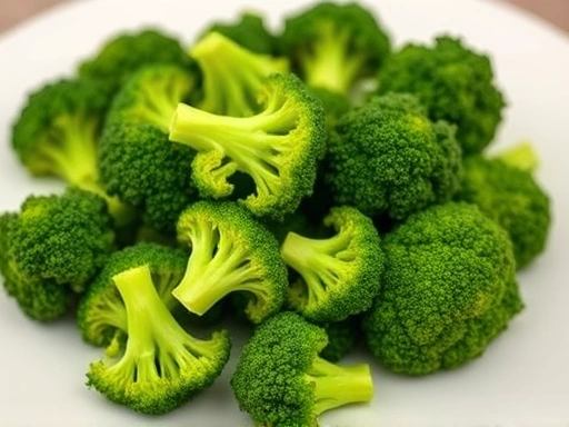 Close-up of steamed broccoli florets on a white plate, highlighting their texture and nutritional value for anti-aging and cellular health.
