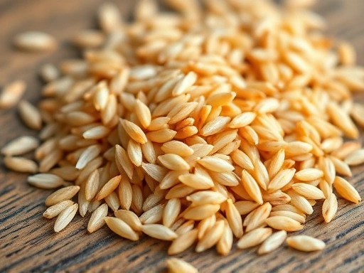 Detailed macro shot of brown rice grains on a wooden surface, showing the intact bran and germ layers, with a soft, natural light, emphasizing their wholesome nature.