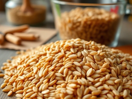 A close-up shot of a handful of brown rice grains with a measuring cup in a rustic kitchen setting, highlighting its natural texture and healthiness.