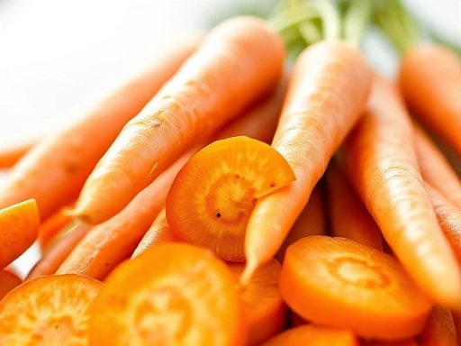 A close-up shot of vibrant, fresh carrots, some sliced, with soft, natural lighting highlighting their texture, suitable for a health blog. Focus on orange color and natural freshness.
