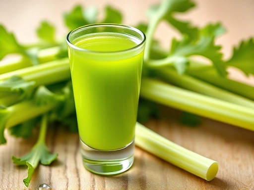 A vibrant green shot glass filled with fresh celery juice, surrounded by crisp celery stalks and a few water droplets, on a clean wooden table with soft morning light.