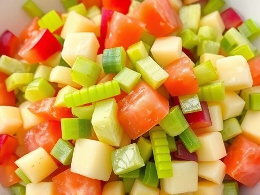 Close-up shot of chopped celery pieces mixed with colorful fruits and vegetables in a fresh, healthy salad bowl.