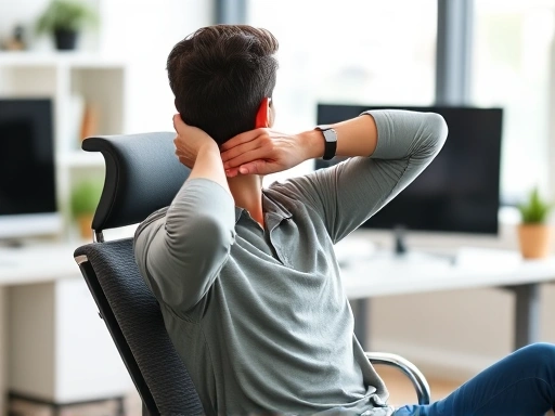 A person sitting comfortably in an office chair, performing a gentle neck stretch, with a bright, clean office background, showcasing ease and accessibility of exercise.