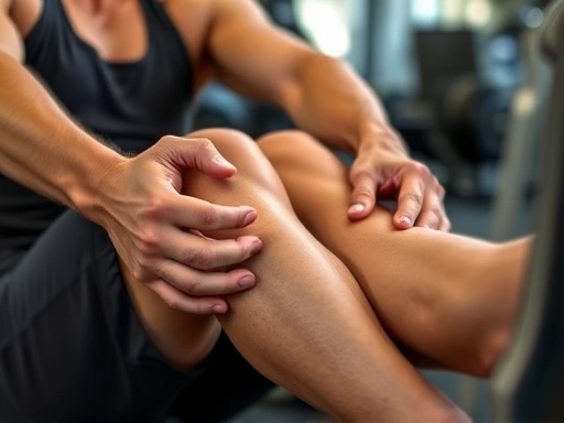 Close-up of hands gripping knees while a person performs a seated leg extension, showing the focused muscle engagement and proper form, with a blurred background.