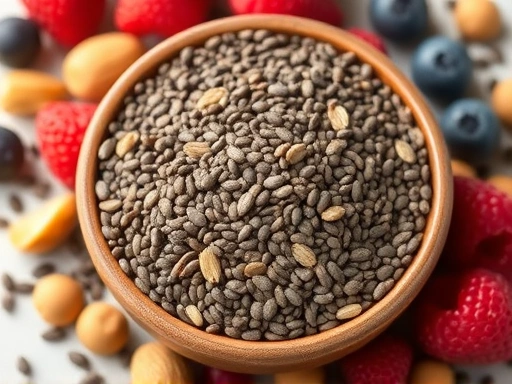 A vibrant bowl of chia seeds, showcasing their various colors and textures, surrounded by fresh fruits like berries and nuts, emphasizing their healthy and versatile nature.