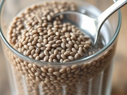 A close-up shot of hydrated chia seeds swelling in a glass of water, highlighting their unique texture and gel-forming property, with a spoon ready for consumption.
