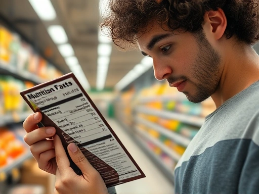 A person carefully reading the nutrition label of a dark chocolate bar in a grocery store, focusing on the cocoa percentage and sugar content, with a thoughtful expression, bright and clean environment.
