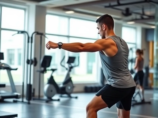 A person performing a dynamic full-body circuit training workout in a modern gym, emphasizing high intensity and time efficiency. Bright, energetic, and professional atmosphere.