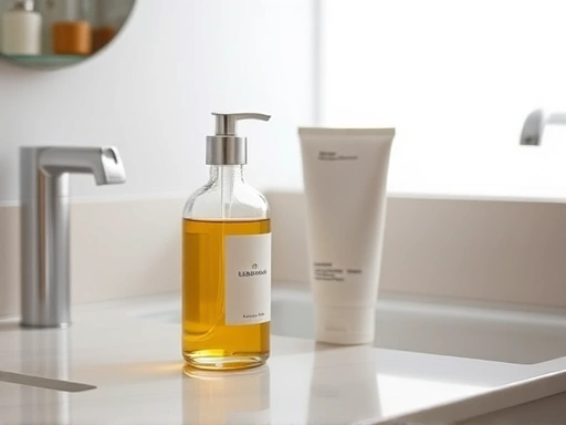 A sleek, minimalist bathroom counter with a bottle of cleansing oil and a tube of foam cleanser, soft, diffused lighting, focus on skin aging prevention in skin care.