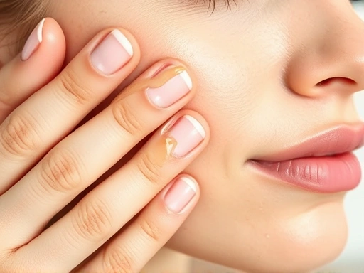 Close-up of a gentle hand applying cleansing oil to a face, showing the smooth, non-abrasive motion, with subtle hints of healthy, glowing skin.