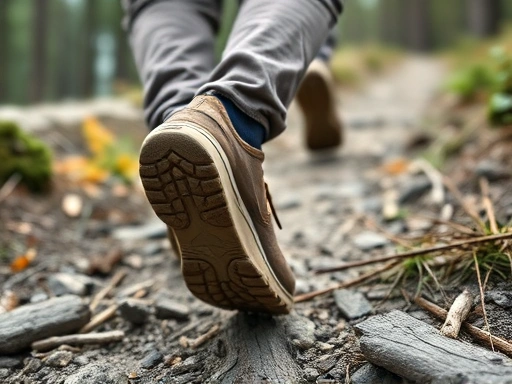 Close-up of hiking boots on a rugged trail, emphasizing stability and the journey to improved heart health. Dynamic feel.