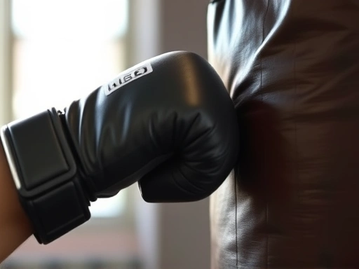 A close-up shot of a person's gloved fist making contact with a punching bag, showing motion blur and intense focus, symbolizing strength and technique.