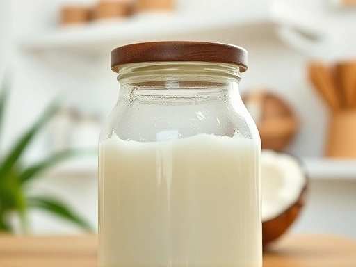 Close-up of a glass jar of coconut oil with brain-shaped elements subtly integrated into the background, signifying cognitive health, in a natural, bright kitchen setting.