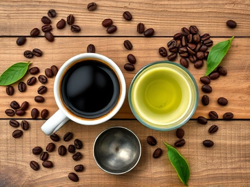 A vibrant, modern flat lay of a steaming cup of black coffee and a delicate cup of green tea side-by-side on a rustic wooden table, surrounded by scattered coffee beans and tea leaves, representing health and anti-aging benefits, soft natural light, top-down view.