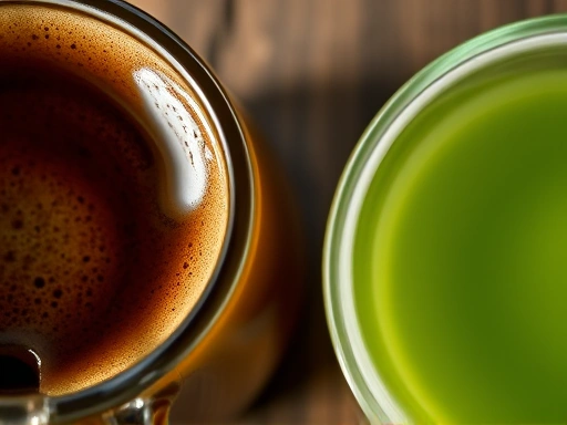 A close-up shot focusing on the rich crema of a freshly brewed coffee next to the subtle, clear green hue of a cup of green tea, emphasizing their distinct textures and colors, with gentle steam rising, highlighting antioxidant properties.