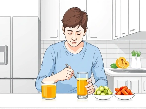 A detailed illustration of a person diligently following a clear liquid diet, with specific food items like clear broth, gelatin, and water, in a clean, modern kitchen setting, emphasizing preparation for colonoscopy.