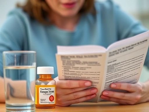 A close-up shot of a patient carefully reading instructions for a colonoscopy preparation kit, with a focus on the medication bottles and water glass, conveying attention to detail and readiness for the procedure.