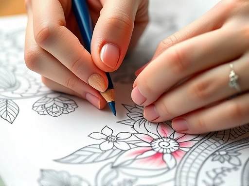 Close-up shot of hands holding colored pencils, meticulously filling in a detailed section of a coloring book, with vibrant colors emerging on the page.