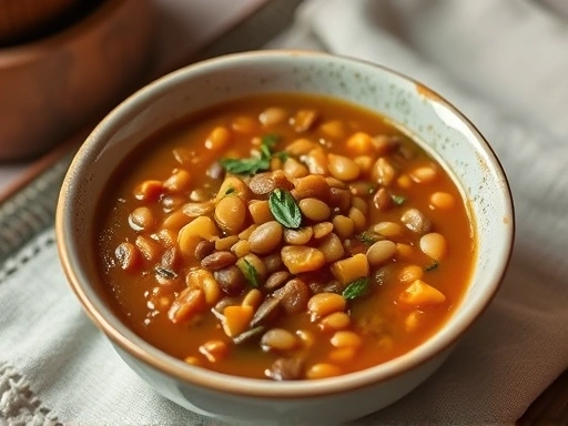 A warm, comforting bowl of cooked lentil soup with herbs, served on a cozy table, highlighting the delicious and nutritious aspect of this fiber and protein-rich meal.