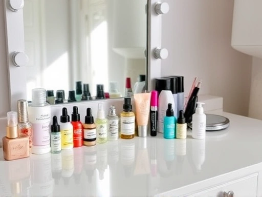 A clean, organized vanity desk with various cosmetic products, some with visible expiration dates, in a well-lit, cool room, emphasizing beauty product safety and shelf life.