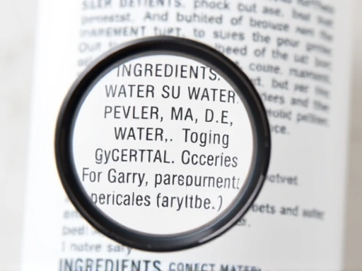 Close-up view of a cosmetic product's ingredient list, highlighting specific ingredient names like 