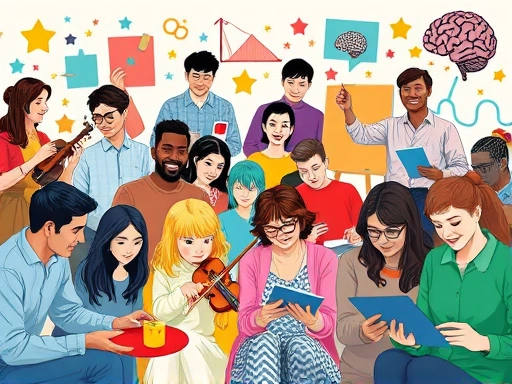 A vibrant, diverse group of people engaged in various creative activities like painting, playing music, writing, and crafting, with subtle brain graphic overlays showing neural connections, bright and positive.