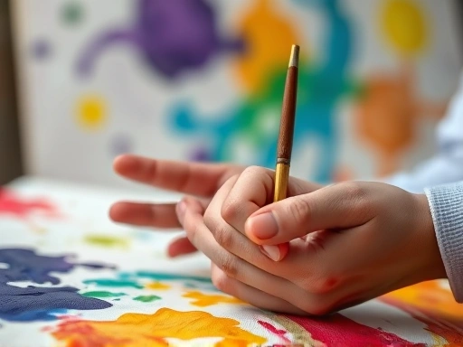 Close-up of hands painting on a canvas, with colorful strokes and a blurred background suggesting concentration and artistic flow, illustrating the meditative aspect of creative work.