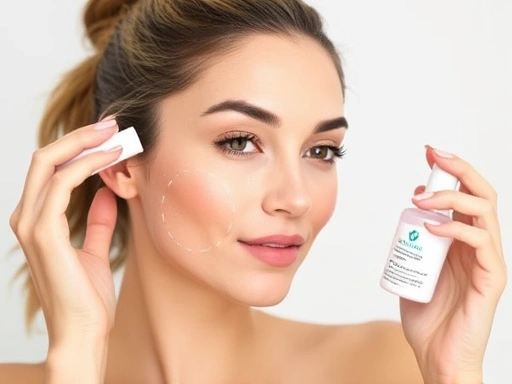 A woman applying different skincare products to her oily T-zone and dry U-zone, emphasizing customized care for combination skin, with a clear and healthy complexion.