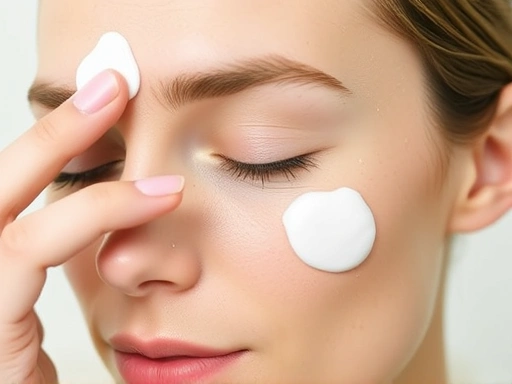 Close-up of a hand applying a light gel moisturizer to the forehead and a richer cream to the cheek, illustrating zoned skincare for combination skin with a focus on texture difference.