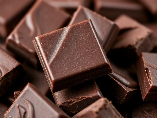 A detailed close-up shot of several pieces of dark chocolate with high cocoa content, emphasizing its rich, deep brown color and slightly rough texture, natural light, focus on health benefits, studio lighting.