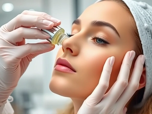 Close-up of a dermatologist's hands applying a professional serum to a client's face in a modern, clean clinic setting, highlighting expertise and precision.