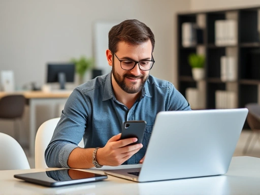 A person successfully managing multiple digital devices (laptop, tablet, phone) with a calm and focused expression, surrounded by a subtle aura of productivity, in a modern, organized workspace.