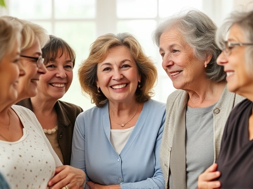 A close-up shot of a diverse group of women, aged 50s-60s, sharing smiles and supportive gestures, symbolizing community and understanding during menopause, with soft, diffused lighting highlighting their expressions of empathy and connection, depicting a supportive environment, women's health, menopausal support.