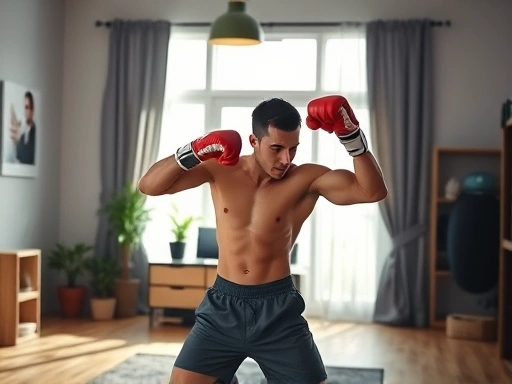 A dynamic and energetic scene of a person performing boxing moves, full body shot, in a modern, well-lit home gym, showcasing power and stress relief.