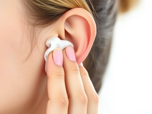 A close-up shot of a person gently cleaning behind their ear with a soft cotton pad, emphasizing hygiene and delicate care. Bright, clean background.