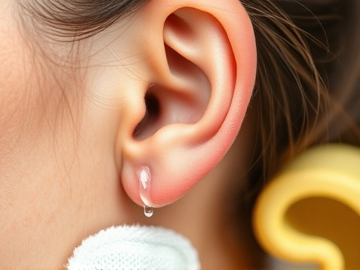 Detailed shot of the outer ear and earlobe, highlighting healthy skin texture and gentle cleaning tools like a damp cloth. Natural light.