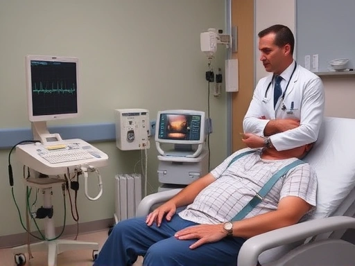 A patient sitting calmly, connected to an electrocardiogram (ECG) machine, with a medical professional explaining the process in a clear, professional hospital setting.