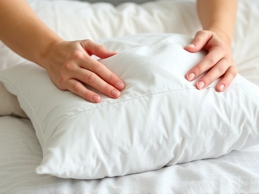 Close-up shot of hands cleaning a pillow with a dust mite protective cover, showcasing clean, allergy-free home environment management.