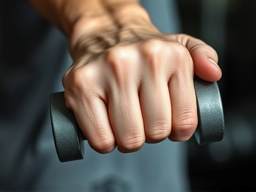 Close-up of a middle-aged person's hand firmly gripping a dumbbell, with focus on toned forearm muscles, symbolizing strength, determination, and the tangible results of consistent strength training.