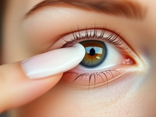 Close-up shot of a small amount of eye cream being gently applied to the delicate skin around an eye with a fingertip, emphasizing soft, precise movement and the creamy texture. Focus on the eye area with slight bokeh.