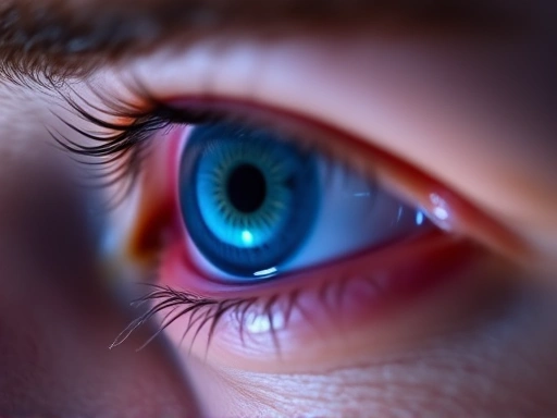 Close-up of a person's eye, showing reflection of a digital screen, with a subtle blue light filter applied to the screen. Emphasize eye strain and protection.