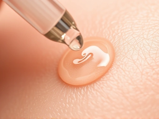 Detailed macro shot of a delicate drop of eye cream being applied to skin, focusing on texture and absorption.