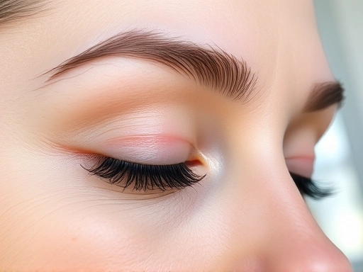 A serene close-up of a person with healthy, well-groomed eyebrows and long, voluminous eyelashes, against a soft, natural background, showcasing beauty and care.