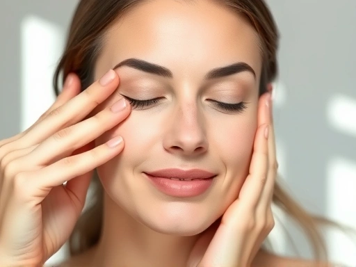 A woman performing a gentle facial massage on her nasolabial folds with a serene expression, surrounded by soft light, representing effective skincare routine and anti-aging prevention.