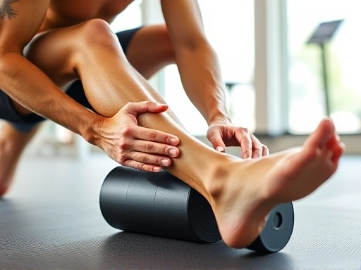 A person diligently using a foam roller on their leg, focusing on myofascial release for muscle recovery, with a clean and bright gym background.