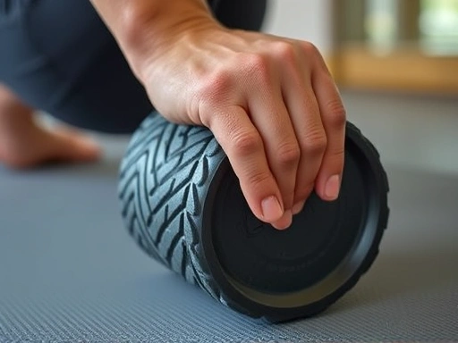 Close-up view of a person's hand firmly gripping a textured foam roller on their hamstrings, demonstrating proper technique for deep tissue massage and stretching.